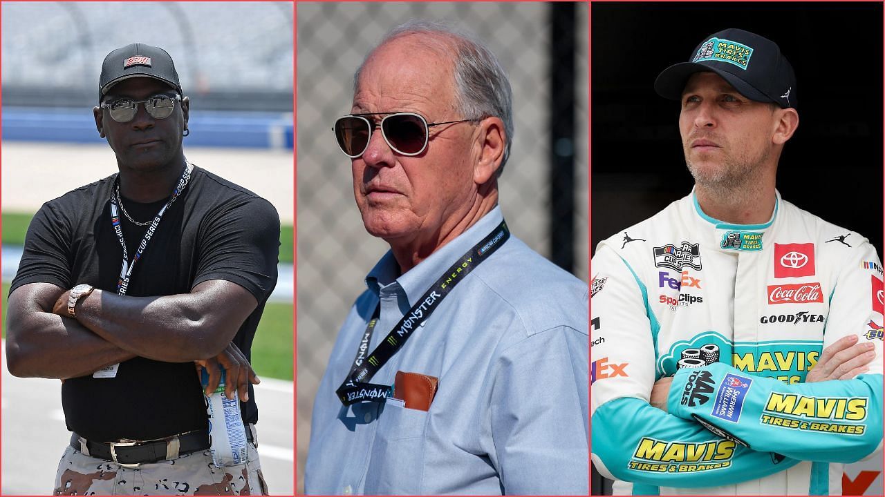 23XI co-owners Michael Jordan and Denny Hamlin (L &amp; R) and CEO of NASCAR Jim France (M). Credit: Imagn Images