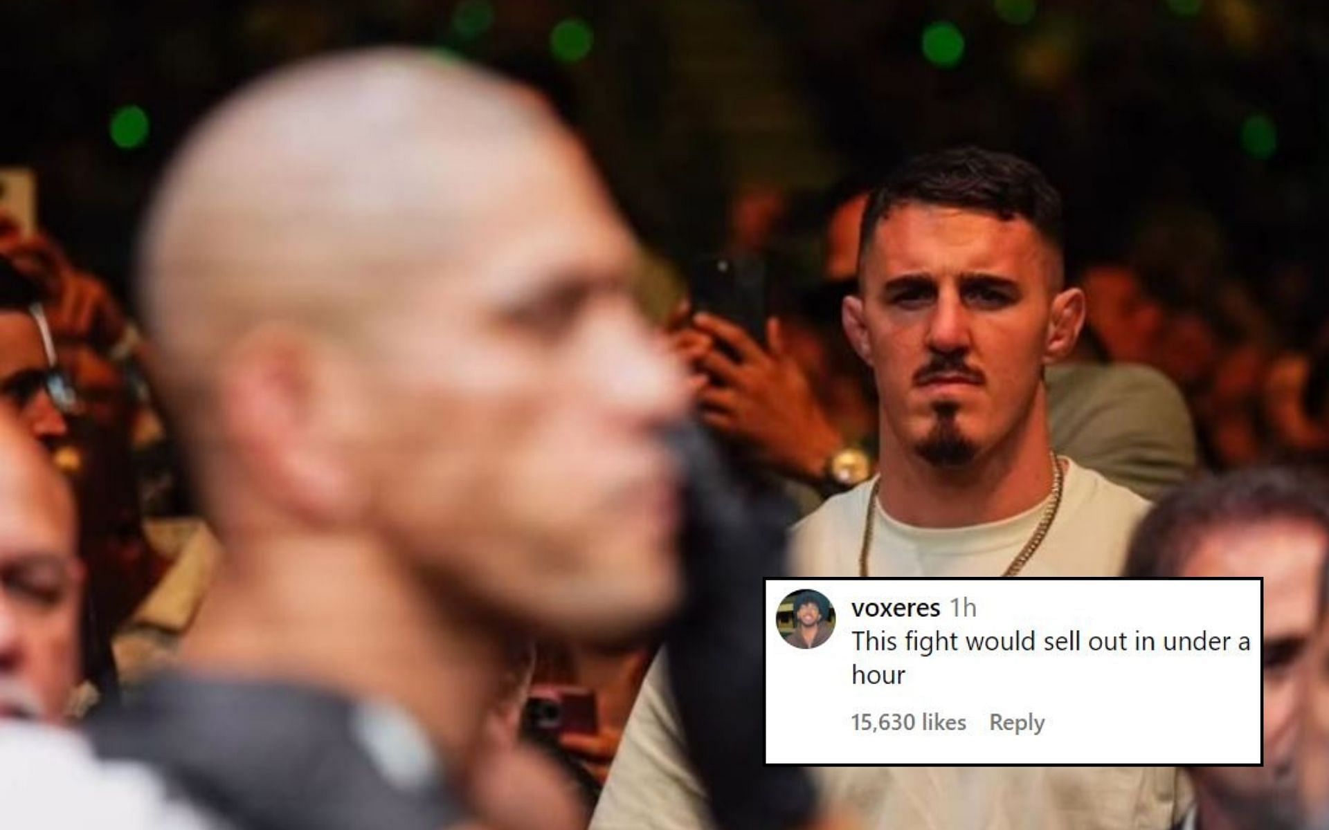 Fans react (insert) to a potential fight between Alex Pereira (left) and Tom Aspinall (right). [Image credit: @alexpoatanpereira on Instagram]