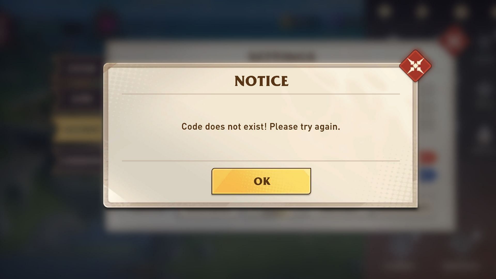 Error on using an incorrect code in Awaken Chaos Era (Image via Century Games)