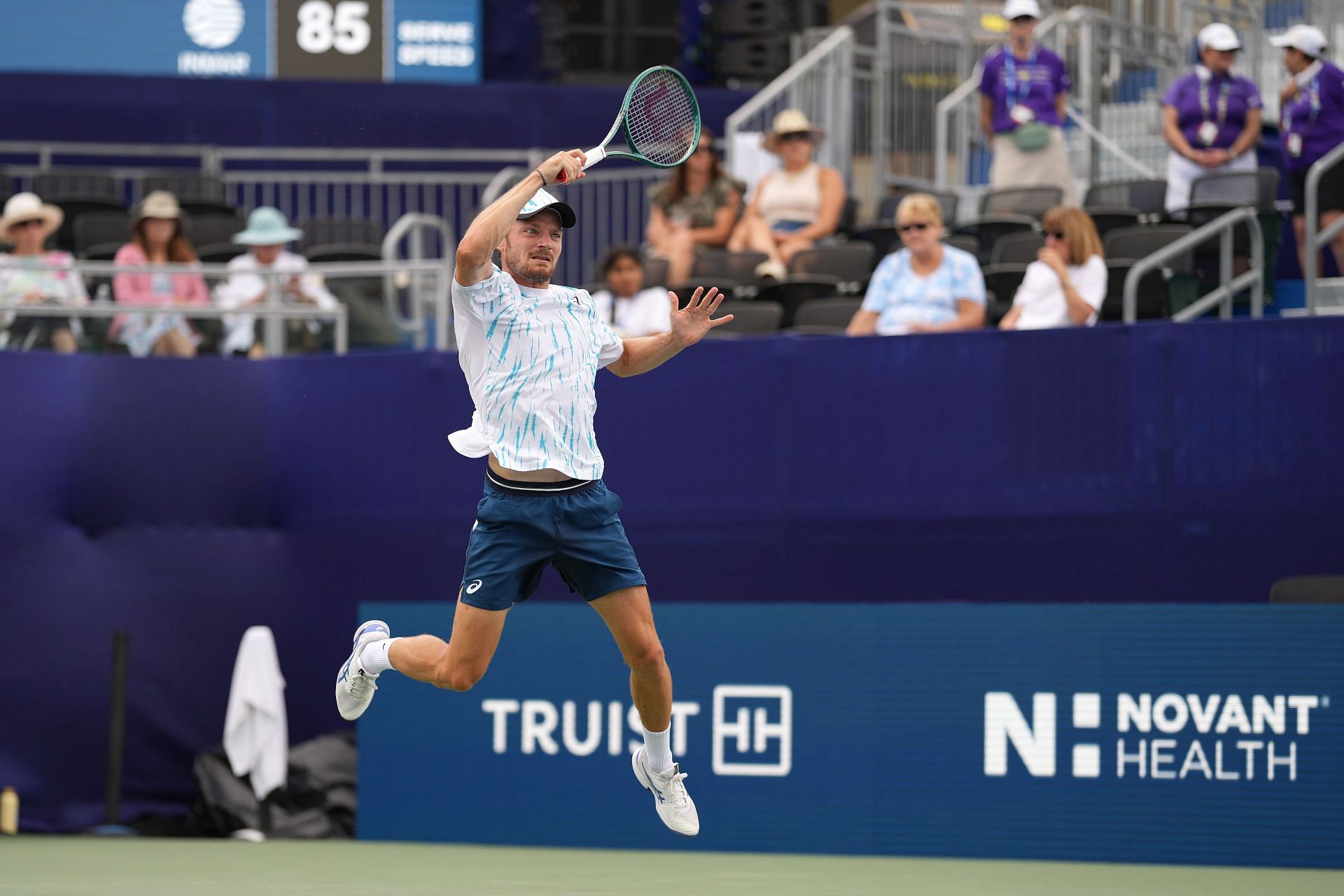 Goffin plays a forehand in the ATP 250 Winston-Salem Open 2024- Source: Getty