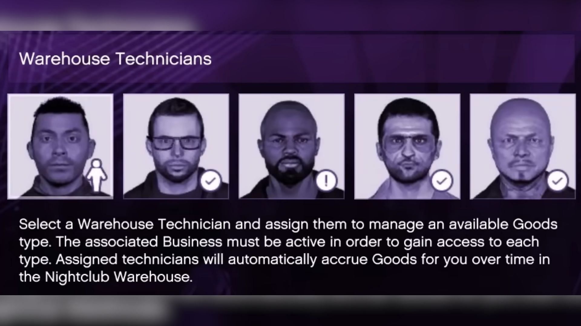 An in-game screenshot of all the technicians for the GTA 5 Nightclub (Image via Rockstar Games)