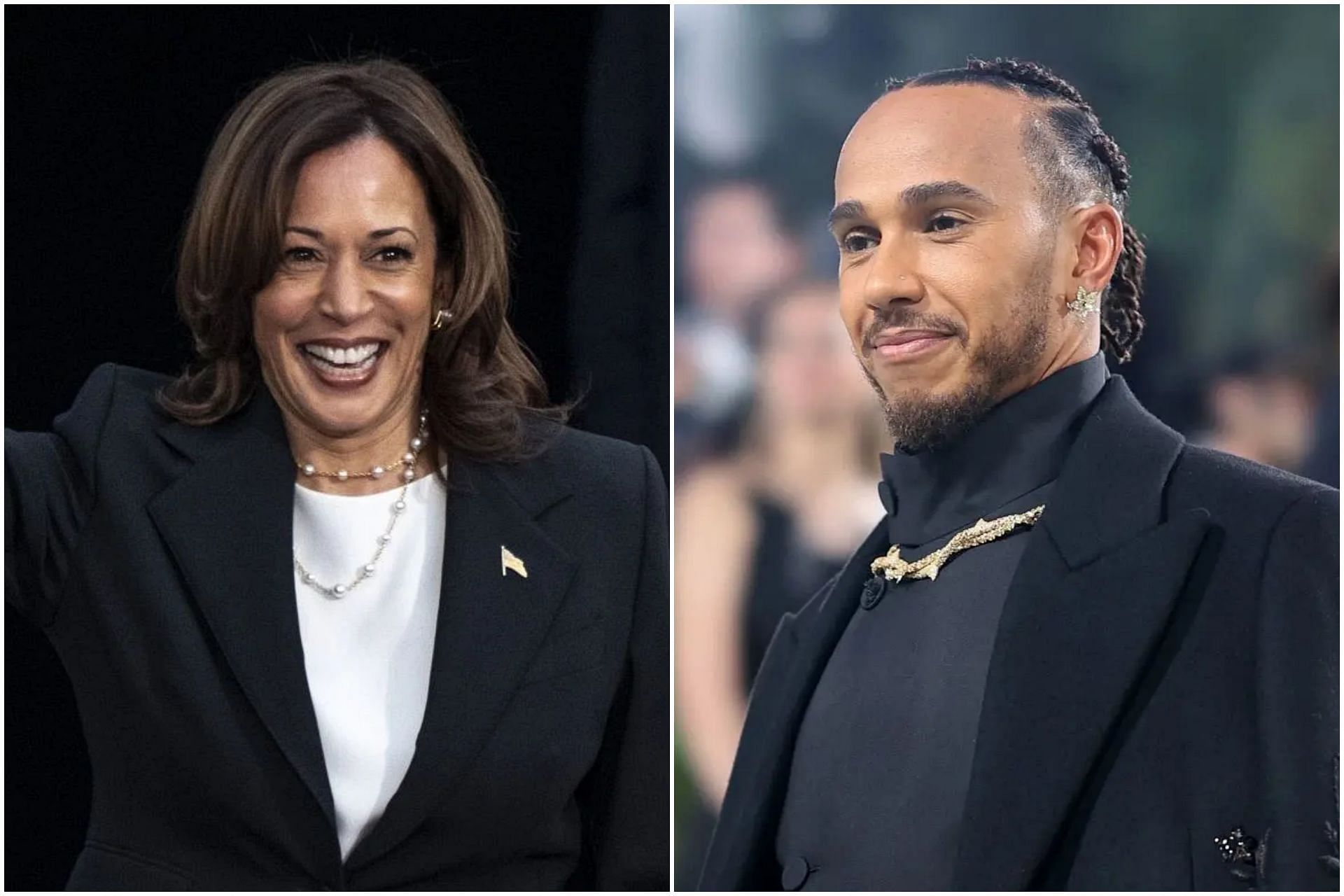 Kamala Harris (L) and Lewis Hamilton (R) (Image via Getty)