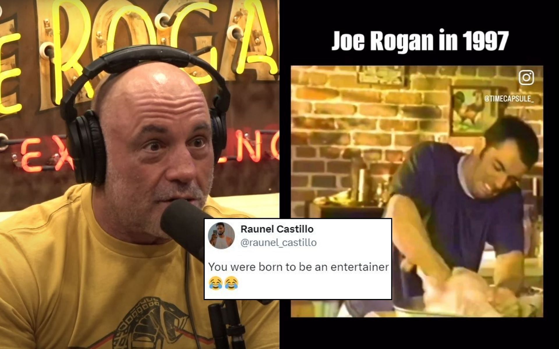 Joe Rogan posts a video of his old school 90s comedy skit. [Image credit: @joroganhq on X, The Joe Rogan Experience on YouTube]