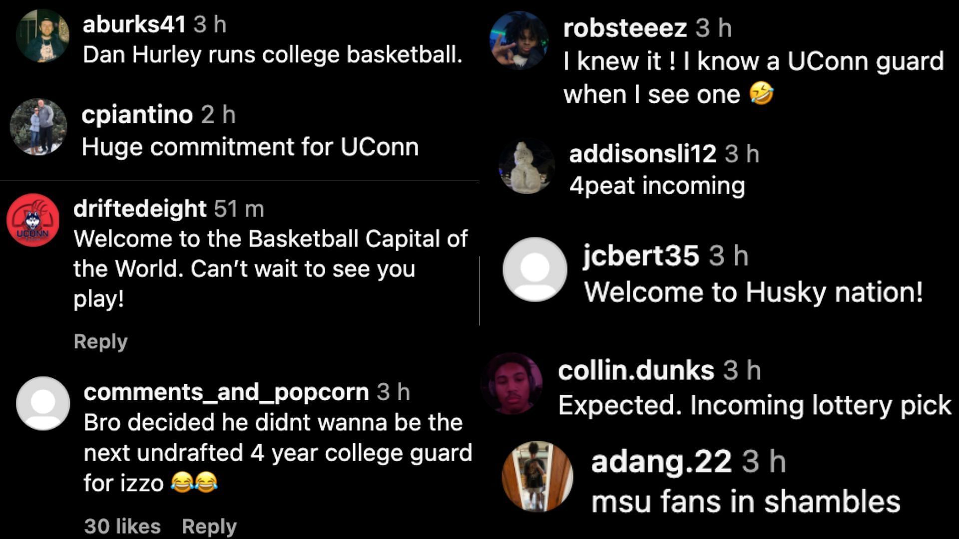 Fan reactions to Darius Adams&#039; commitment to UConn (Credit: Instagram/@tiptonedits)