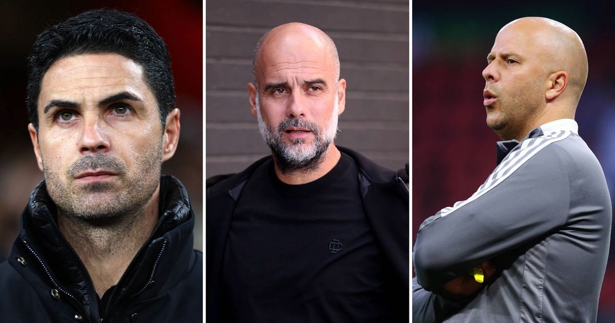 Mikel Arteta (left), Pep Guardiola (middle), and Arne Slot (right) (All three images via Getty)