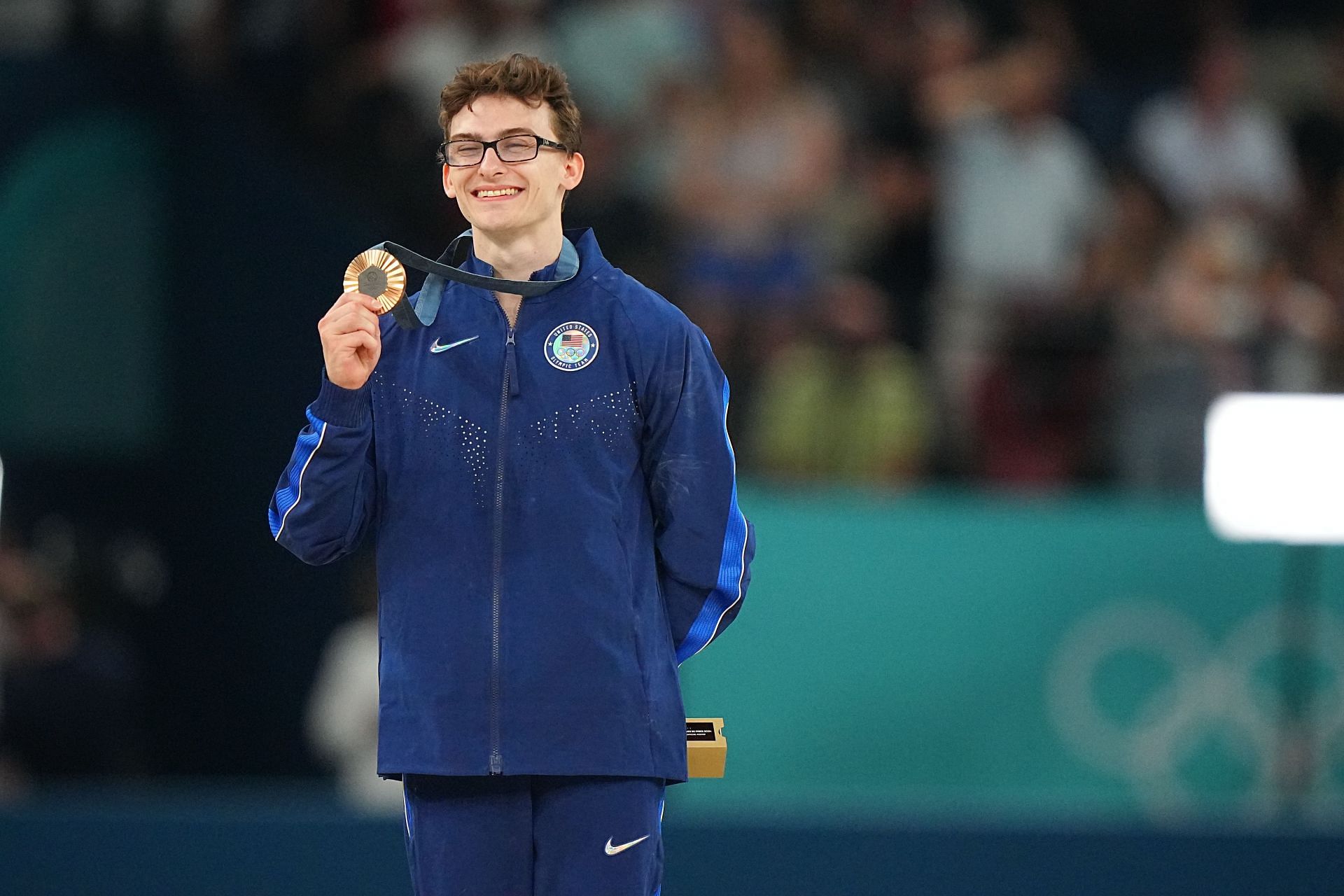 Stephen Nedoroscik posing with the Bronze medal following the Men&#039;s Pommel Horse final at the 2024 Olympics in Paris, France. (Photo via Getty Images)