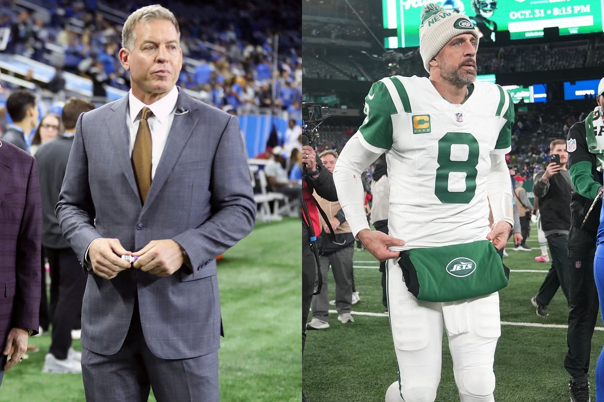 Troy Aikman delivers bad news for Aaron Rodgers and Jets after 23-20 loss against Bills on MNF (Collage Images Courtesy: IMAGN)