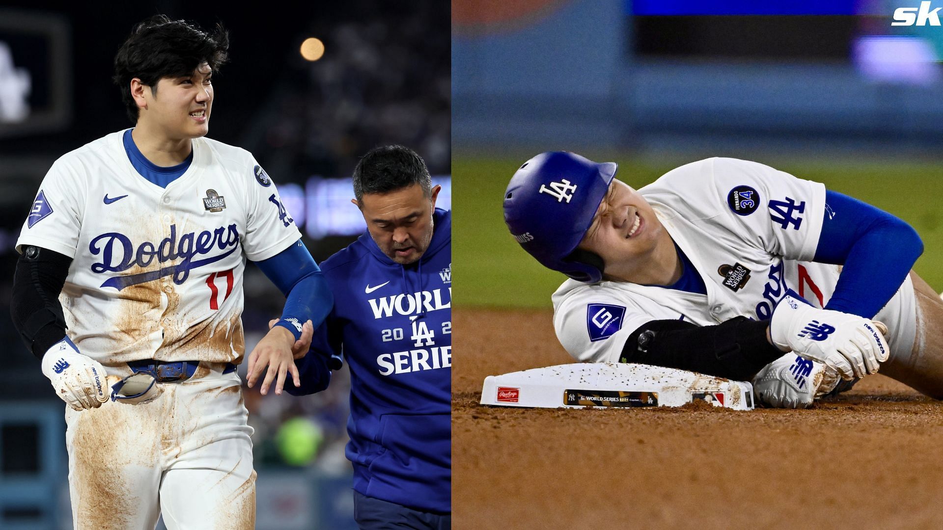 Shohei Ohtani of the Los Angeles Dodgers reacts after being injured on the play at second base against the New York Yankees during Game 2 of the World Series (Source: Getty)