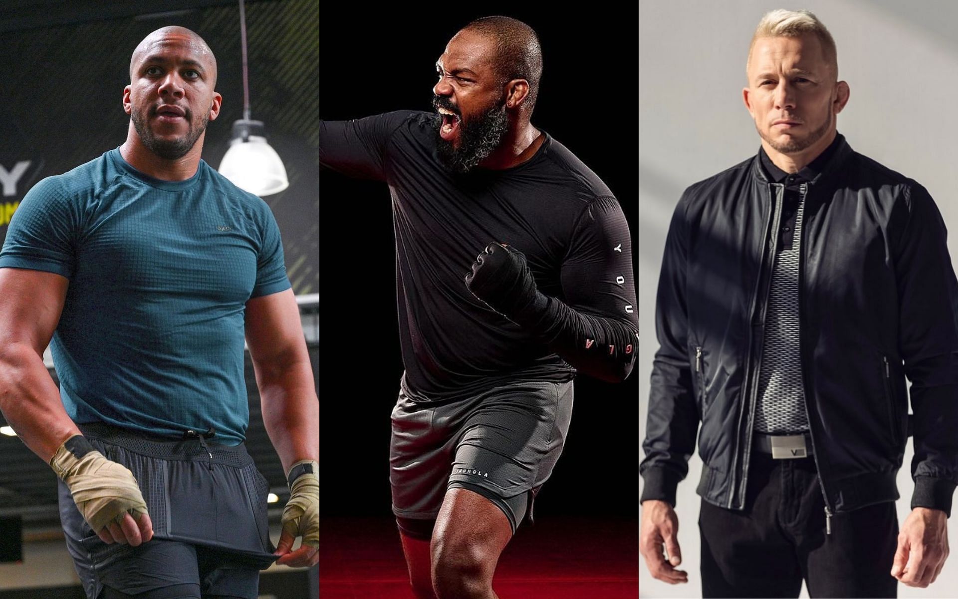 Ciryl Gane (left) Jon Jones (middle) and Georges St-Pierre (right) joins forces for &quot;The Cage&quot;. [Images courtesy: @ciryl_gane @jonnybones and @georgesstpierre on Instagram]