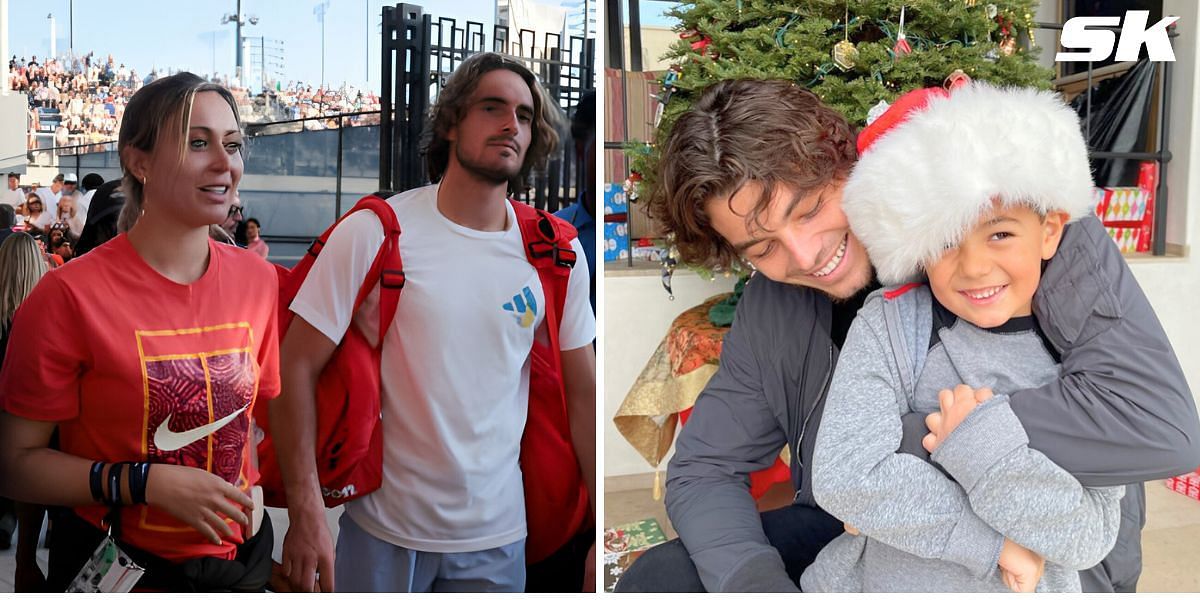 (Left to Right) Paula Badosa, Stefanos Tsitsipas, Taylor Fritz and son Jordan (Image source: Getty; @taylor_fritz on Instagram)