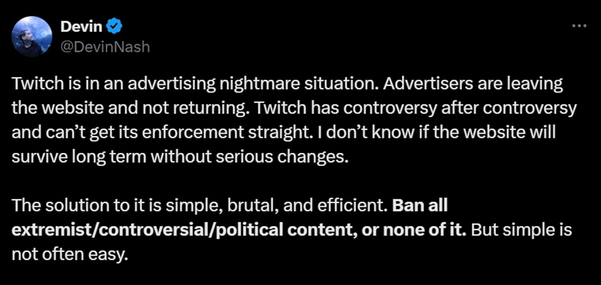 Nash claims that advertisers are leaving due to controversies (Image via X/@DevinNash)