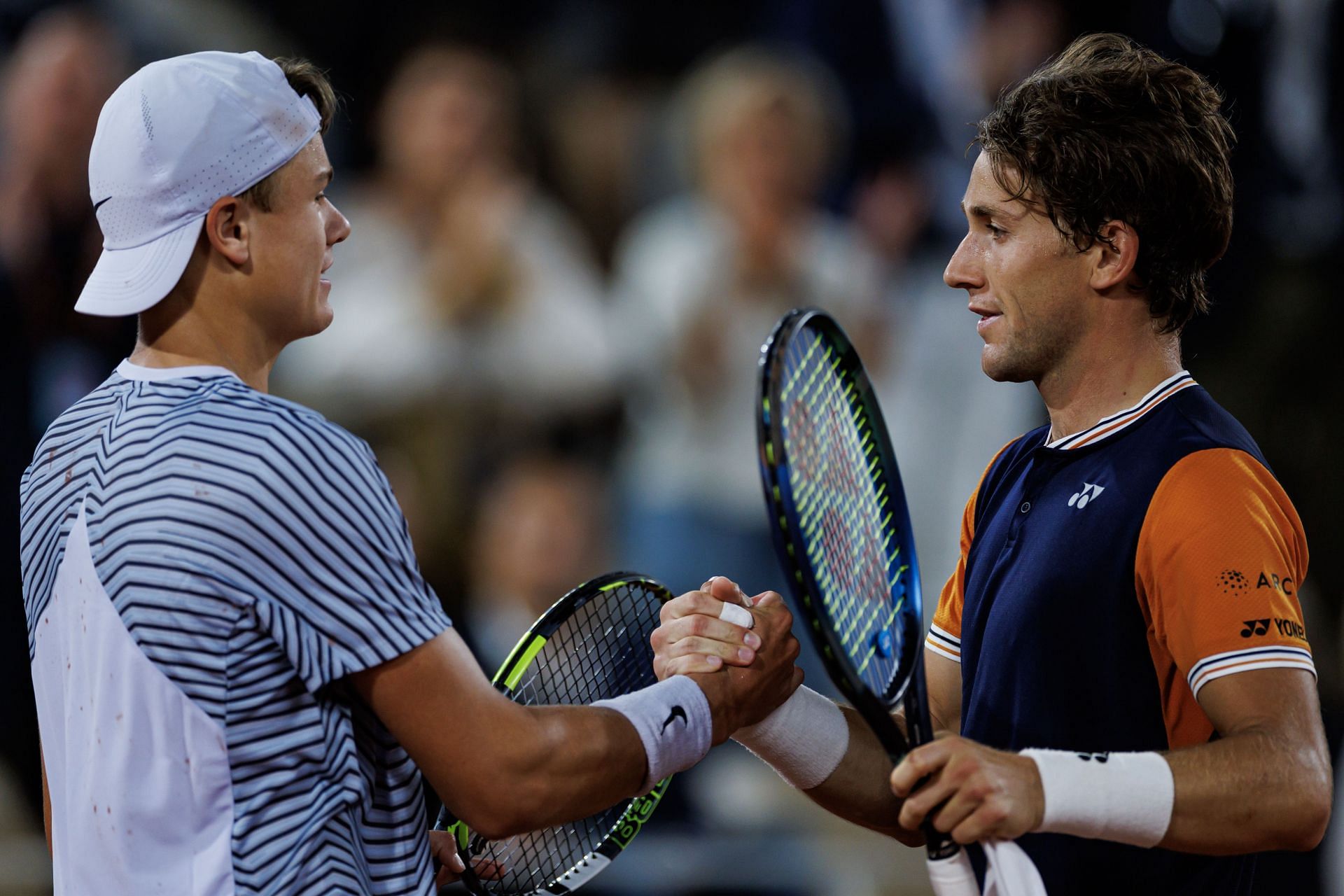 Casper Ruud (R) and Holger Rune at the 2023 French Open (Image: Getty)