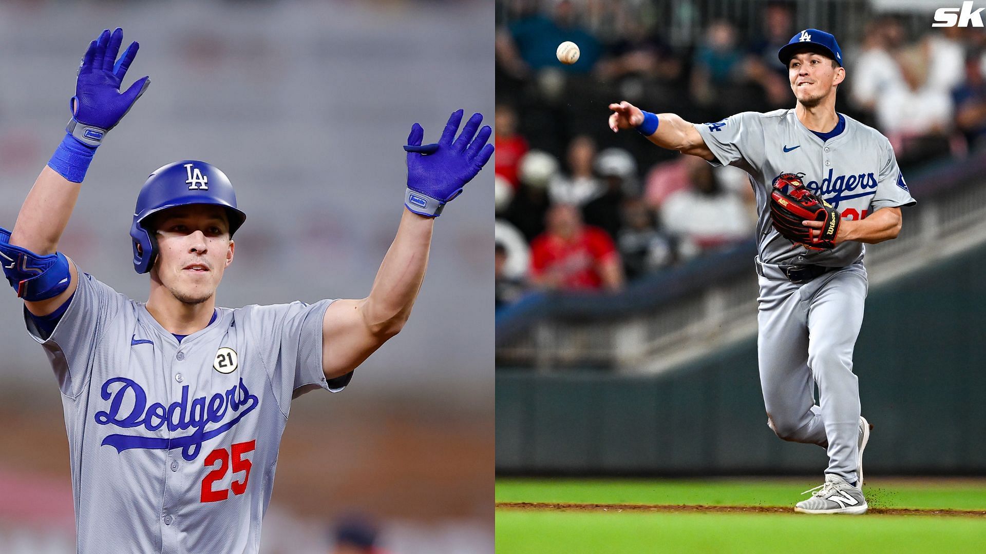 Tommy Edman of the Los Angeles Dodgers reacts after hitting a home run against the Atlanta Braves at Truist Park (Source: Getty)