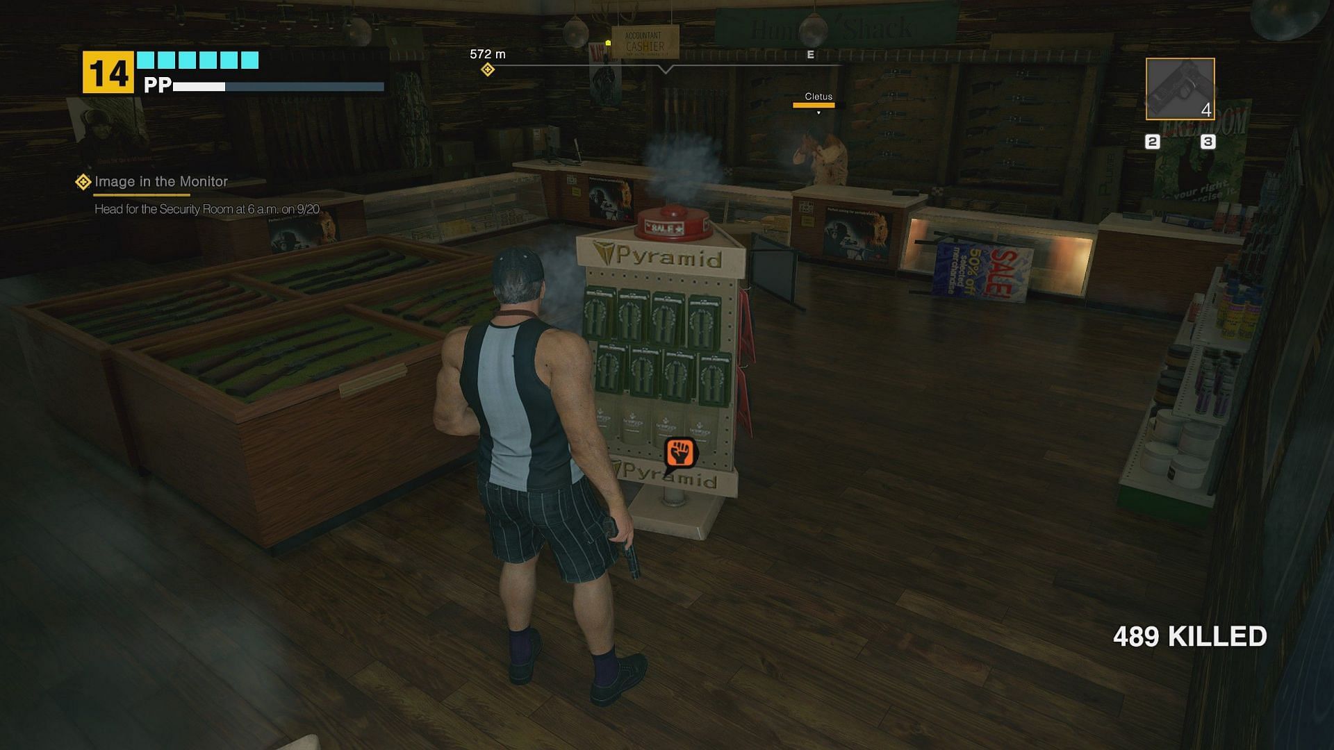 Hiding behind a stand to avoid fast-firing, lock-on shotgun pellets is one of th eleast fun things in Dead Rising Deluxe Remaster (Image via Capcom)