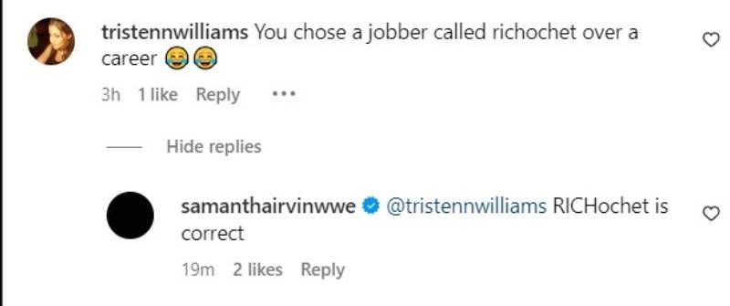 Screengrab of Samantha Irvin&#039;s comment (source: Samantha&#039;s Instagram account)