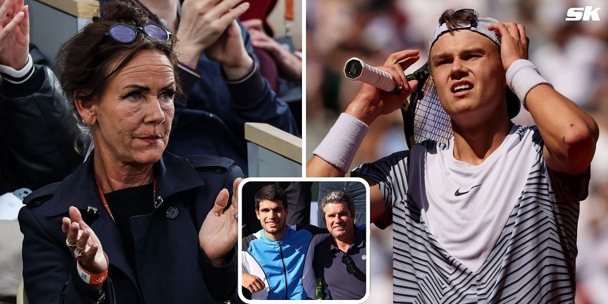 Holger Rune and his mother Aneke; Carlos Alcaraz and his father (inset) (Image Source: Getty)