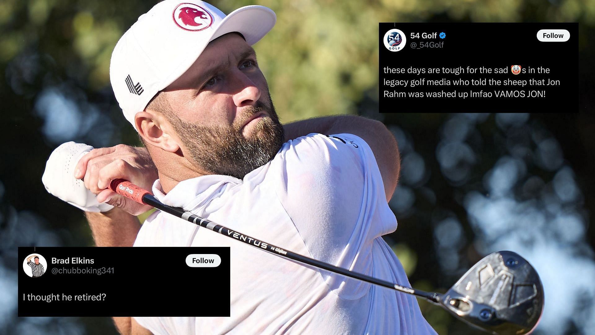 Fans react to Jon Rahm&rsquo;s incredible tee shot at the 2024 Andalucia Masters. Image via Getty Images and Twitter