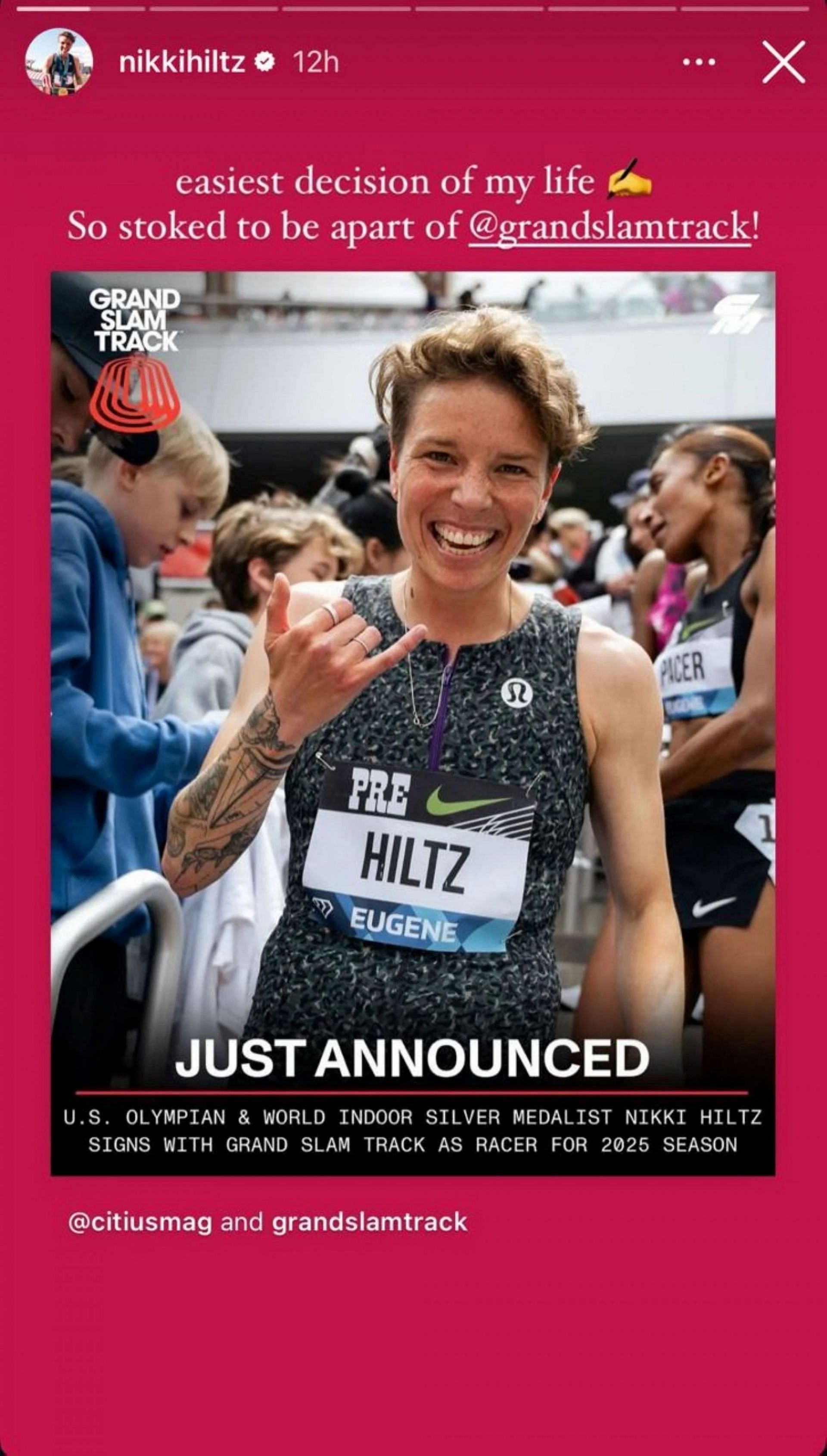 Nikki Hiltz excited after being named as a Racer at Grand Slam Track league; Instagram - @nikkihiltz