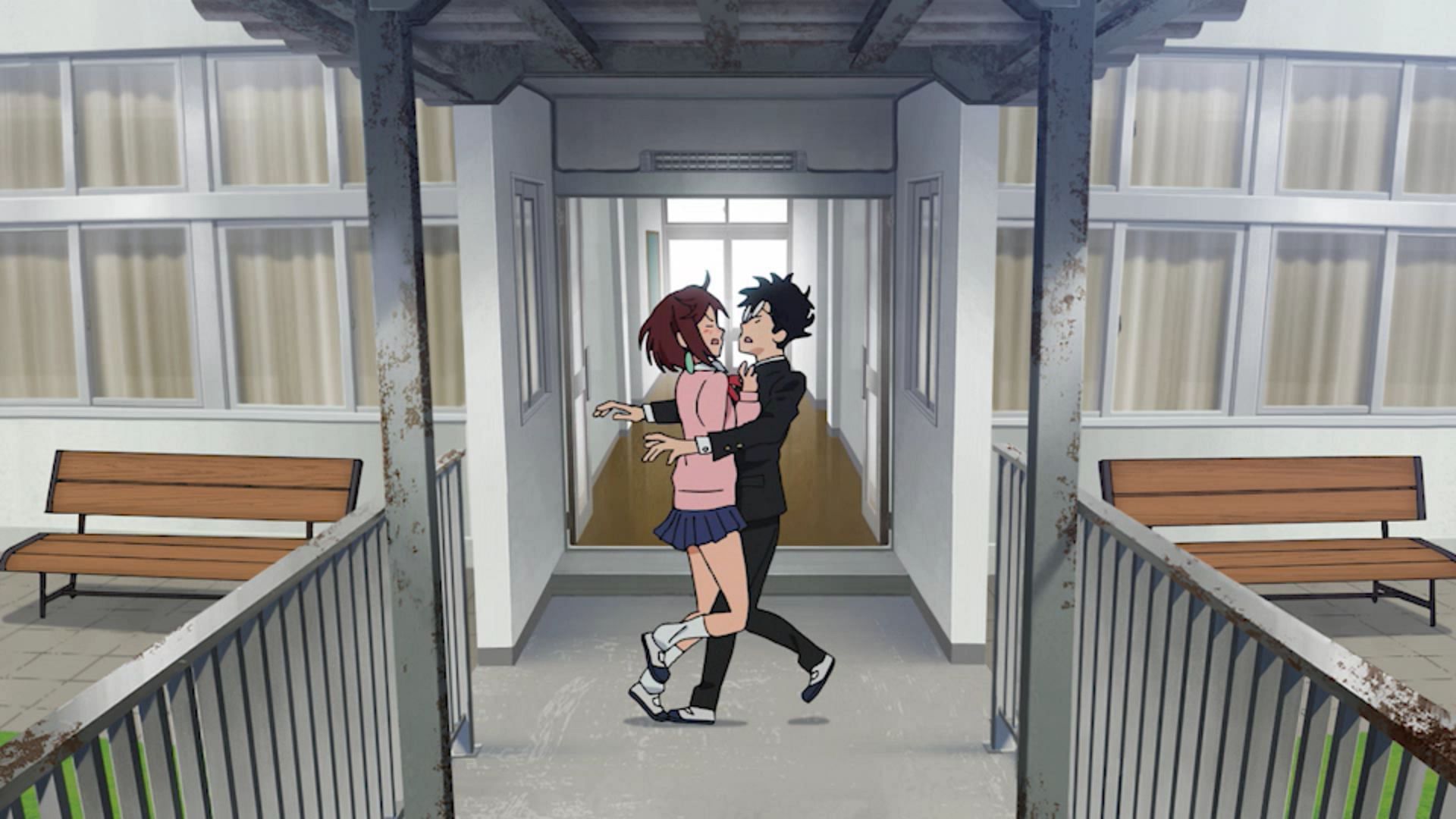 Okarun and Momo&#039;s accidental kiss (Image via Science SARU)