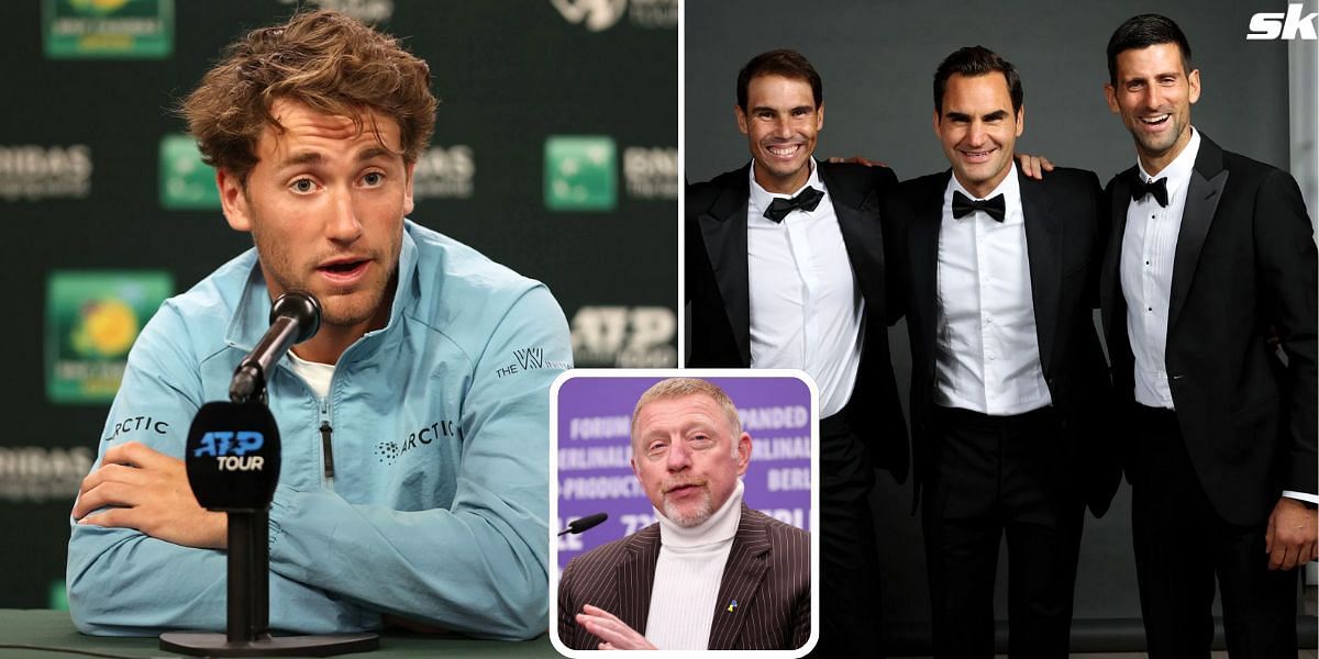 Casper Ruud (L), Boris Becker (inset) and Rafael Nadal, Roger Federer and Novak Djokovic (R) (Source: Getty)