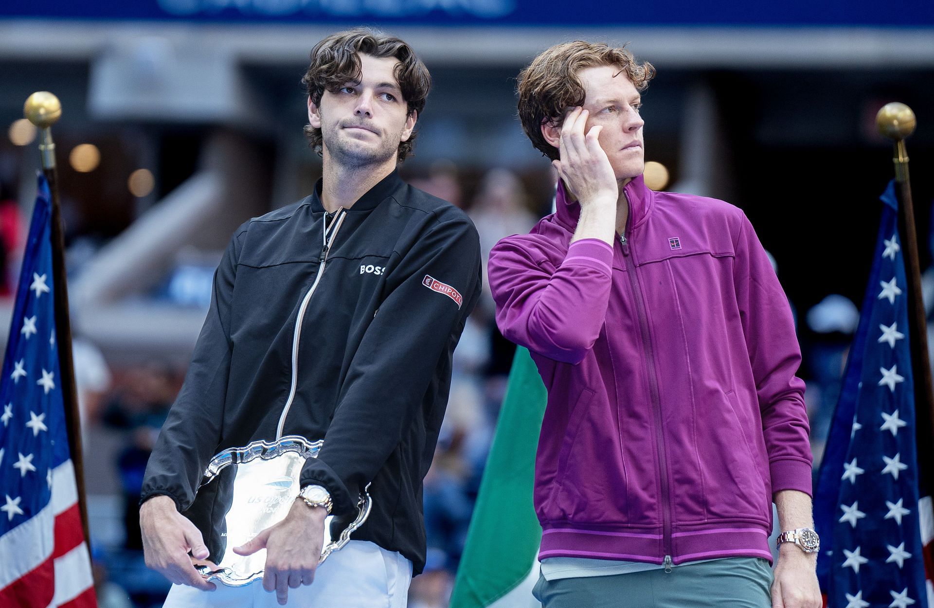 Tay;or Fritz pictured with Jannik Sinner (R) after his 2024 US Open loss - Image Source: Getty