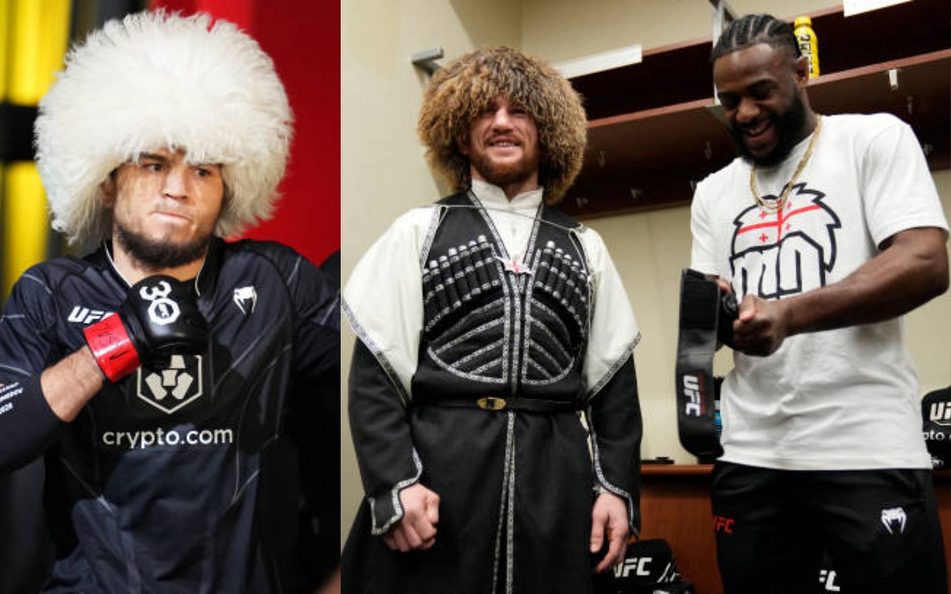 Umar Nurmagomedov (left) claims Merab Dvalishvili (center) has double standards in response to Aljamain Sterling (right) [Image credits: Getty Images]