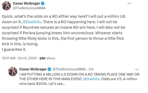 Conor McGregor bets on UFC 307 main event. [Image courtesy: @TheNotoriousMMA via X]