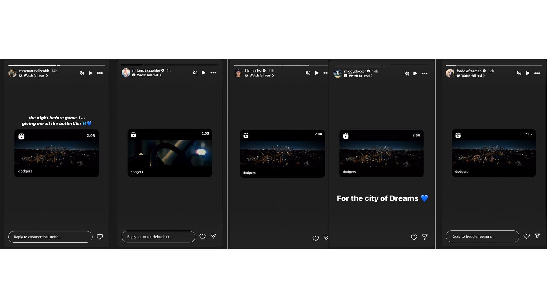 Various Instagram stories from Dodgers players and their families. (Instagram @caramartinellsmith, @mckenziebuehler, @kikehendez, @freddiefreeman, @miggyslocker)