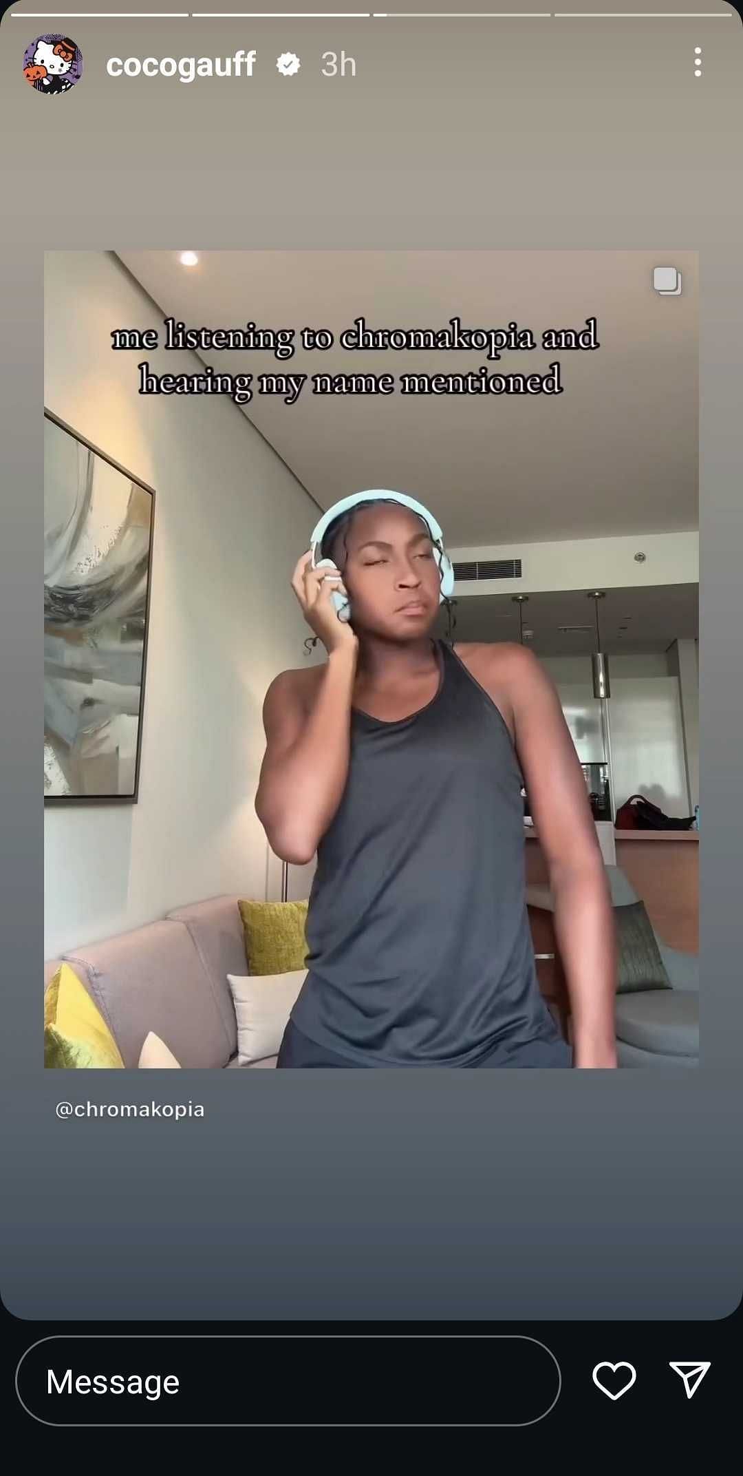 Gauff&#039;s Instagram Story featuring her listening to Chromakopia (Source: Instagram/Coco Gauff)