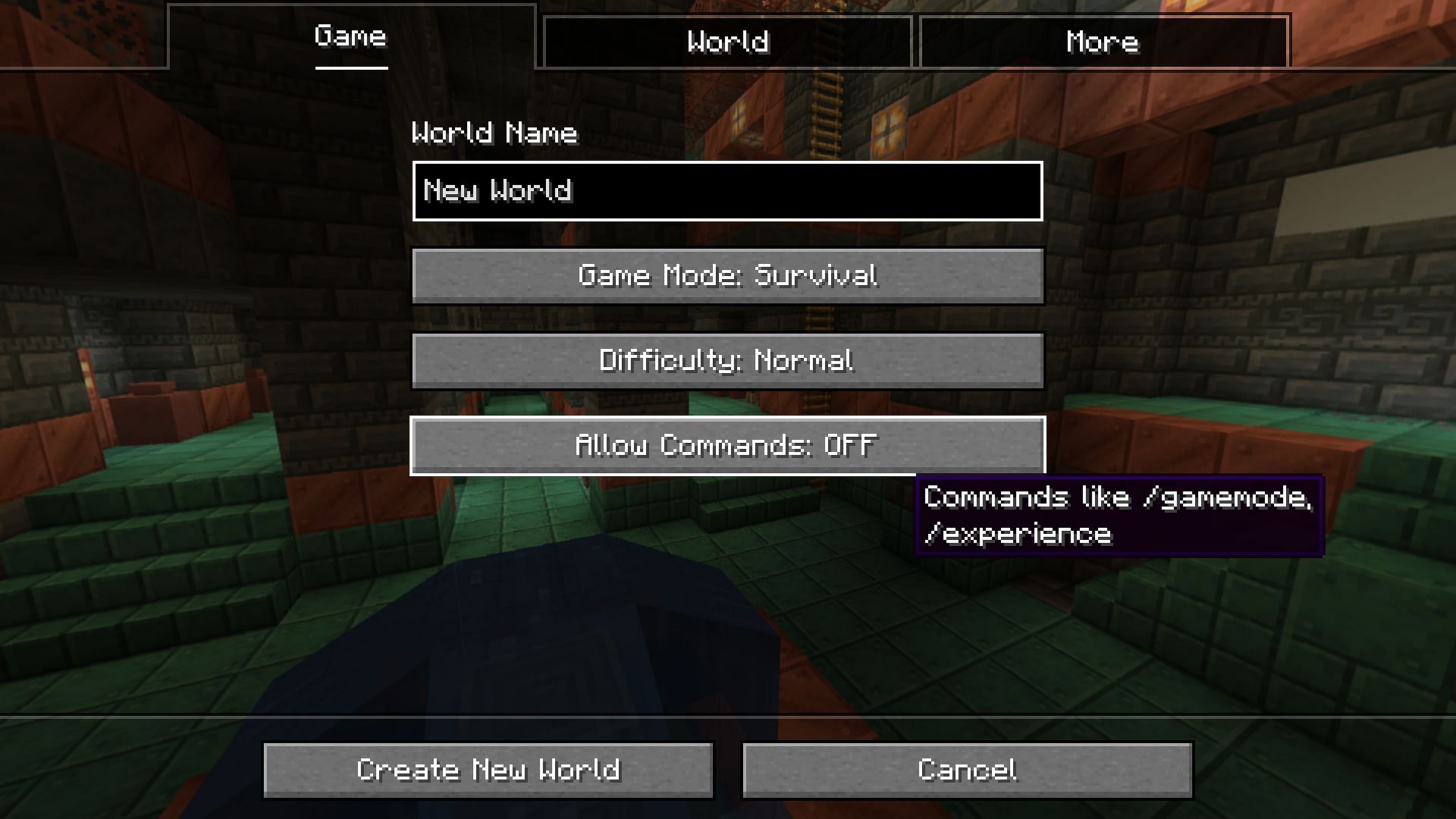 Minecraft offers cheats while creating a new world (Image via Mojang Studios)