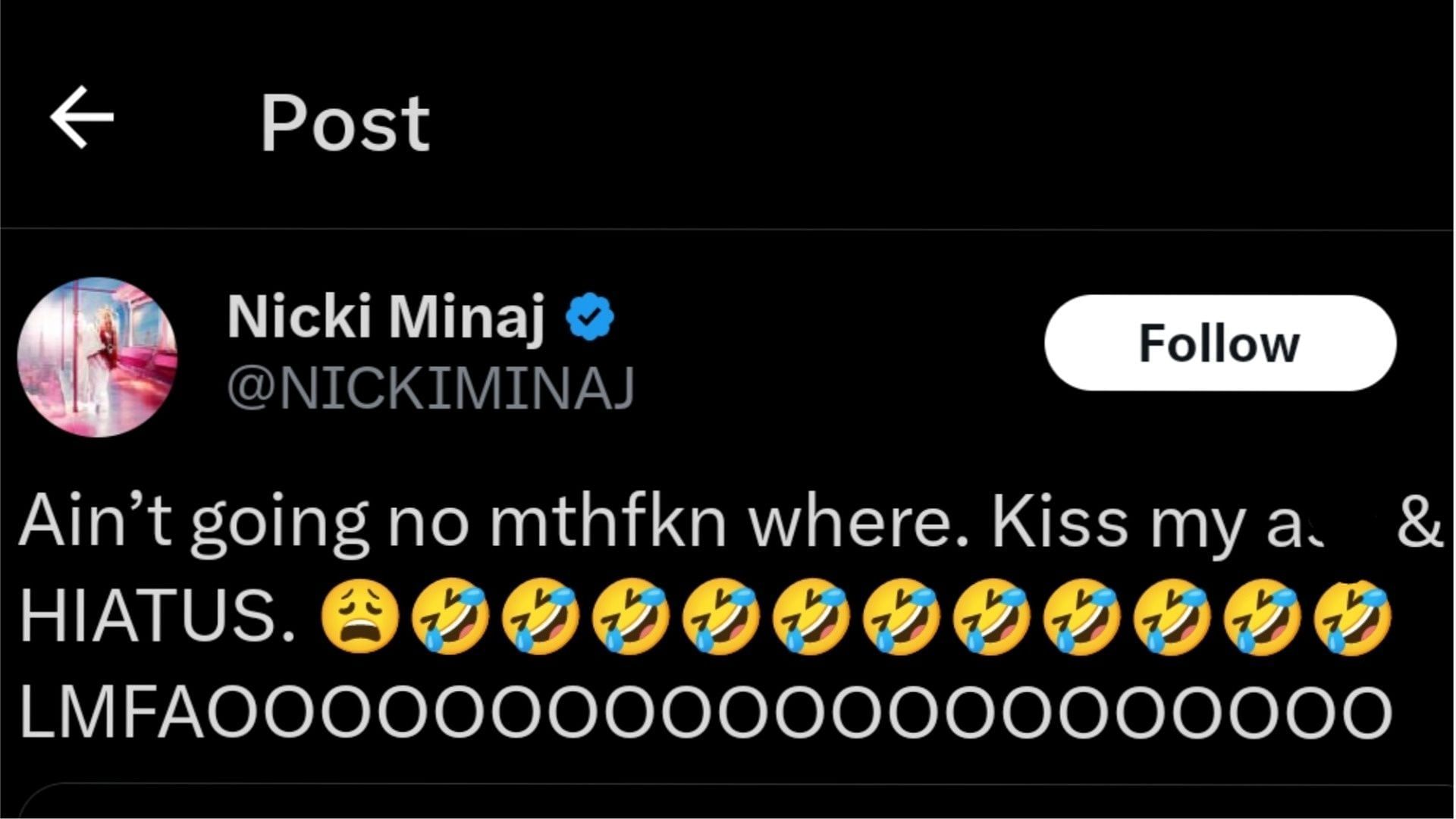 Nicki Minaj debunked the rumor about taking a break, (Photo via @NICKIMINAJ/X)