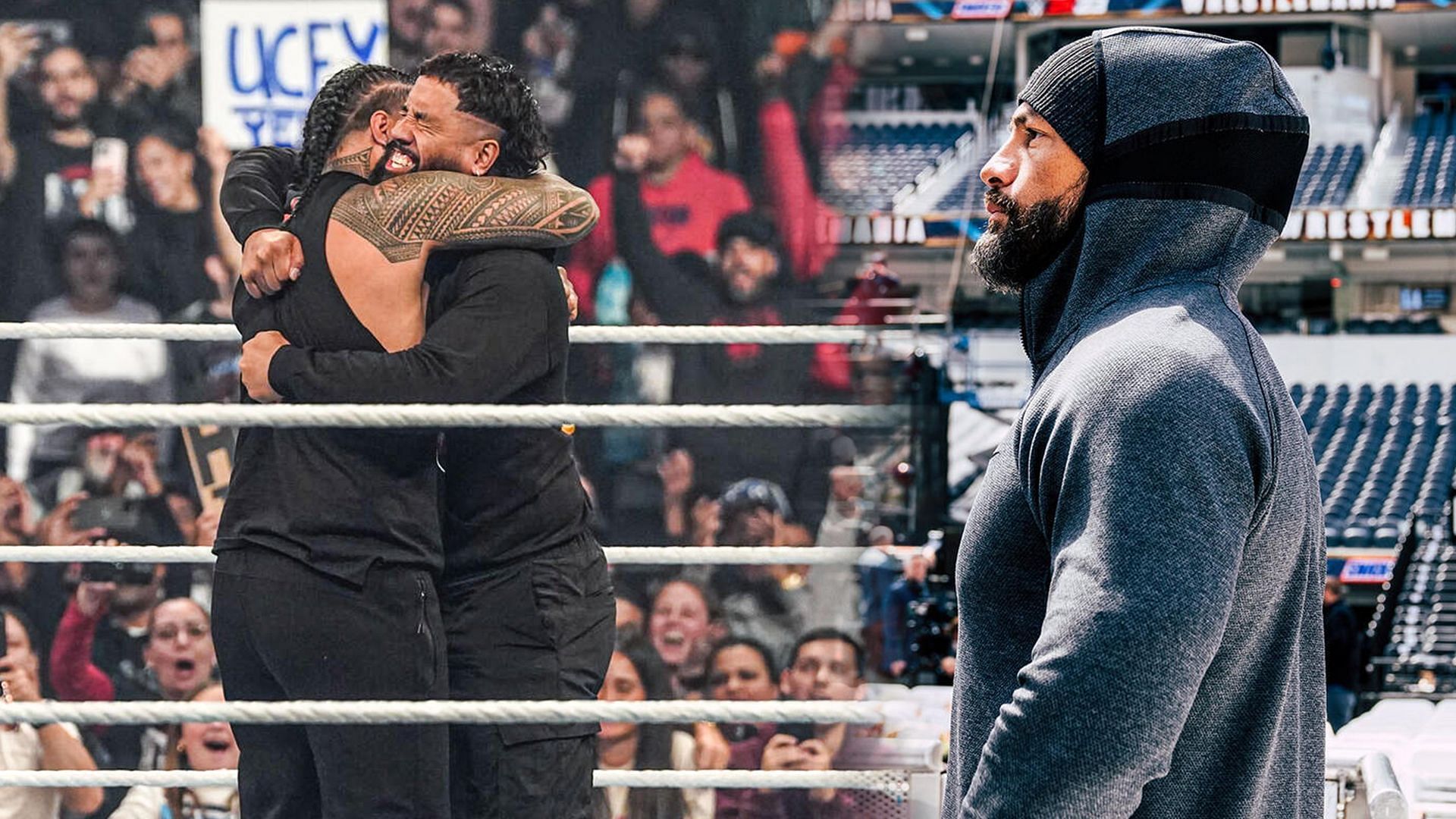 Jey and Jimmy Uso (L) &amp; Roman Reigns (R) [Pic Credits: WWE.Com]