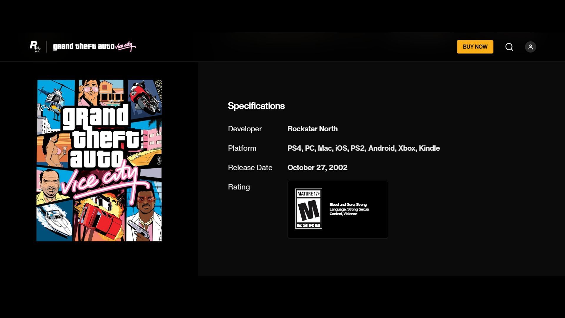 Grand Theft Auto Vice City&rsquo;s rating as shown on its official website. (Image via Rockstar Games)