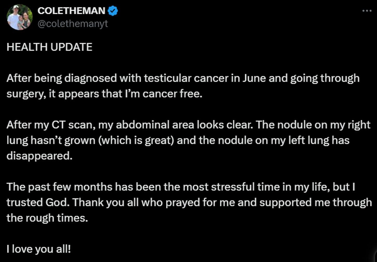 Coletheman says he may be &quot;cancer-free&quot; (Image via X/Coletheman)