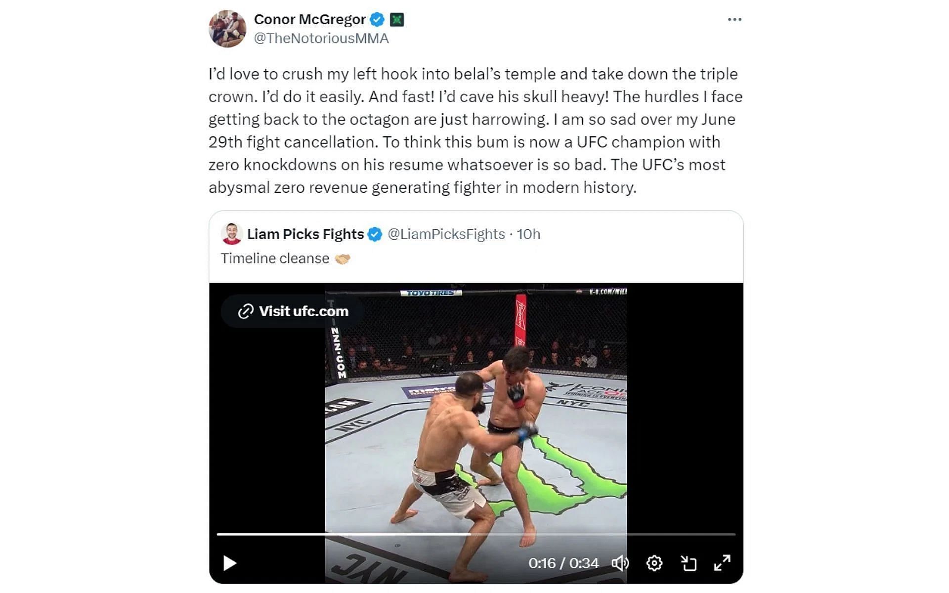 Conor McGregor blasts welterweight champ Belal Muhammad. [Screenshot courtesy @TheNotoriousMMA on X]