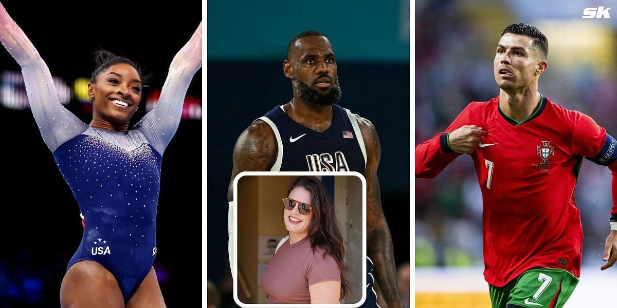 Ilona Maher reacts to being named one of the most marketable alongside Simone Biles, LeBron James, and Cristiano Ronaldo. PHOTO: All from Getty