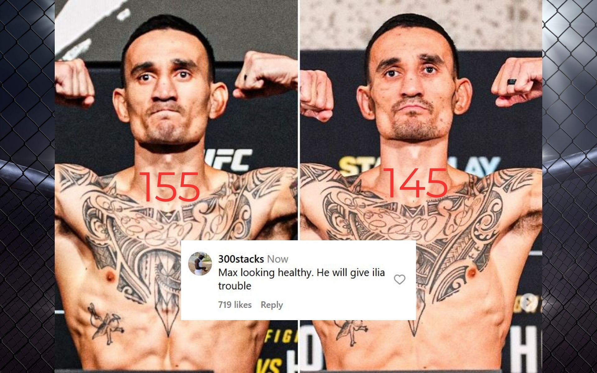 Fans react (insert) to the visual difference between Max Holloway weighing in at 155 and 145 pouunds. [Image credit: @espnmma on Instagram]