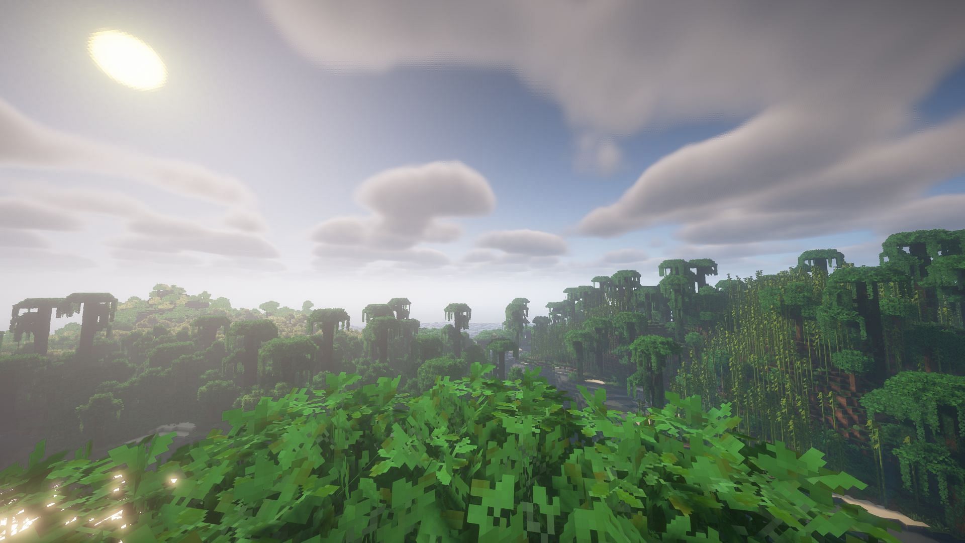 The sun rises in a jungle using the Patrix resource pack (Image via Mojang)