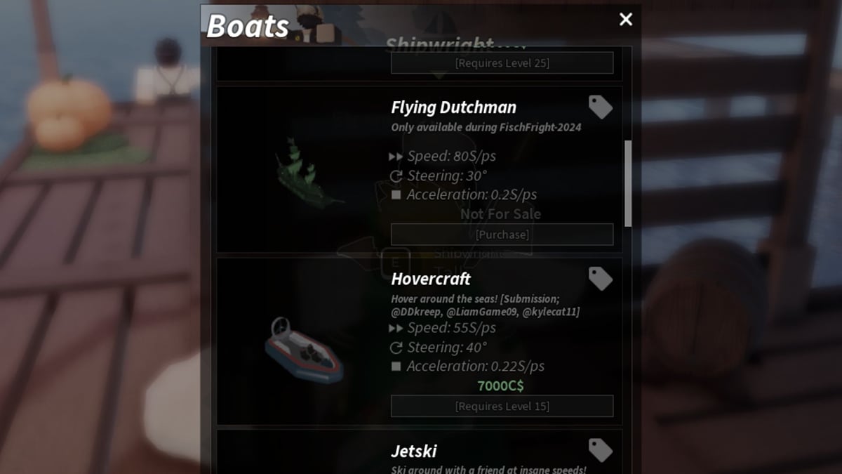 Flying Dutchman boat reference from an earlier FischFright event Historical Roblox Fisch boat selection menu featuring the Flying Dutchman