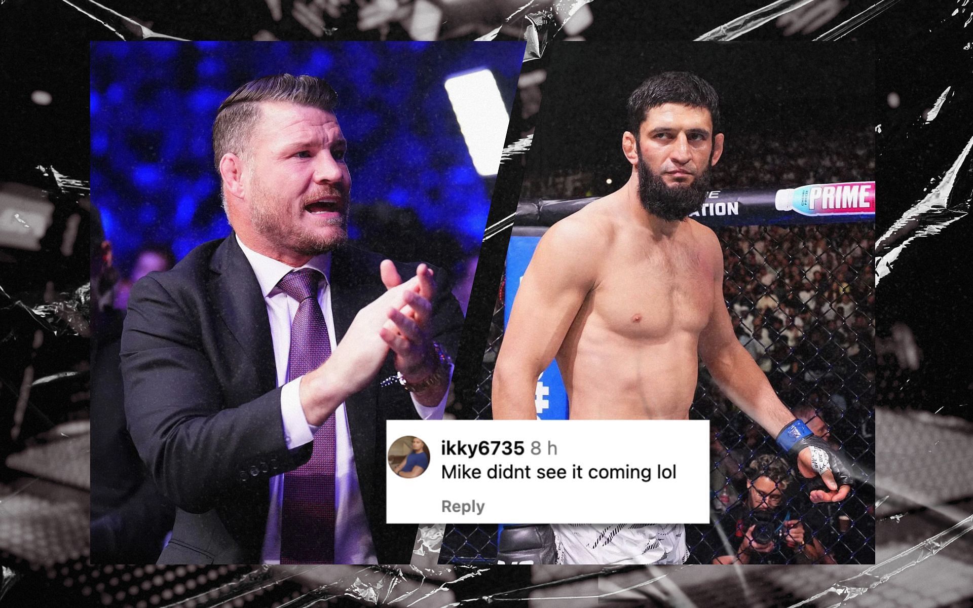 Fans react to video of Khamzat Chimaev (right) seemingly throwing his mouthguard at Michael Bisping (left). [Images courtesy: Getty Images]