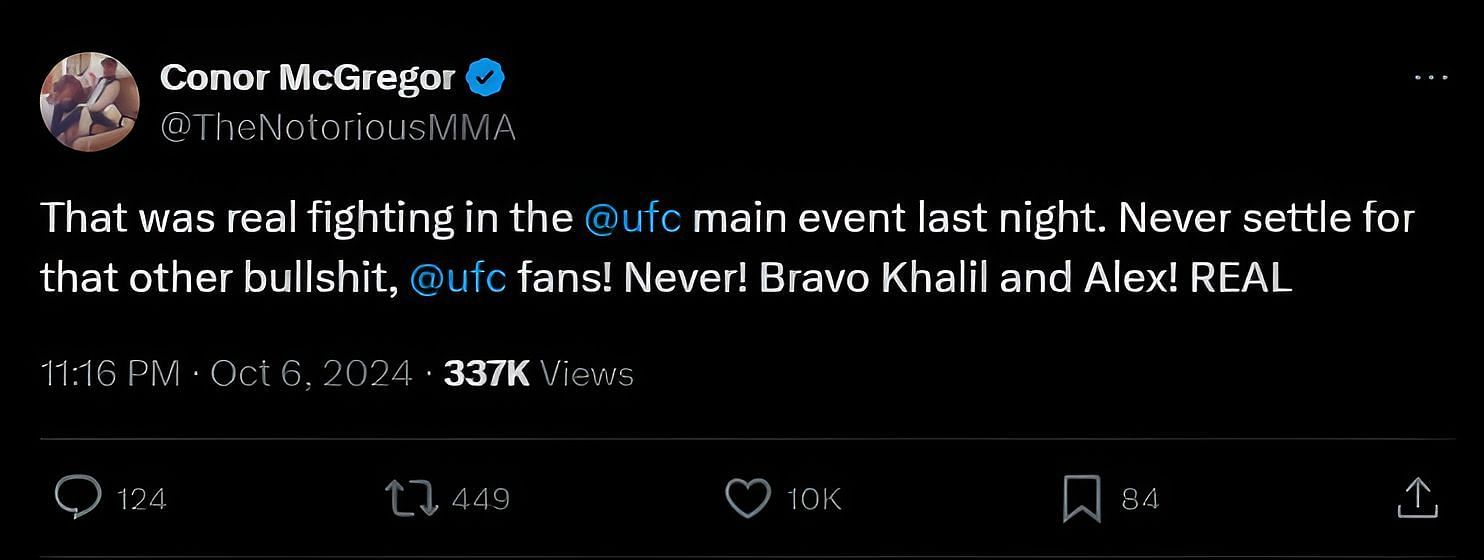 Conor McGregor&#039;s now-deleted tweet appreciating Alex Pereira and Khalil Rountree&#039;s fight.