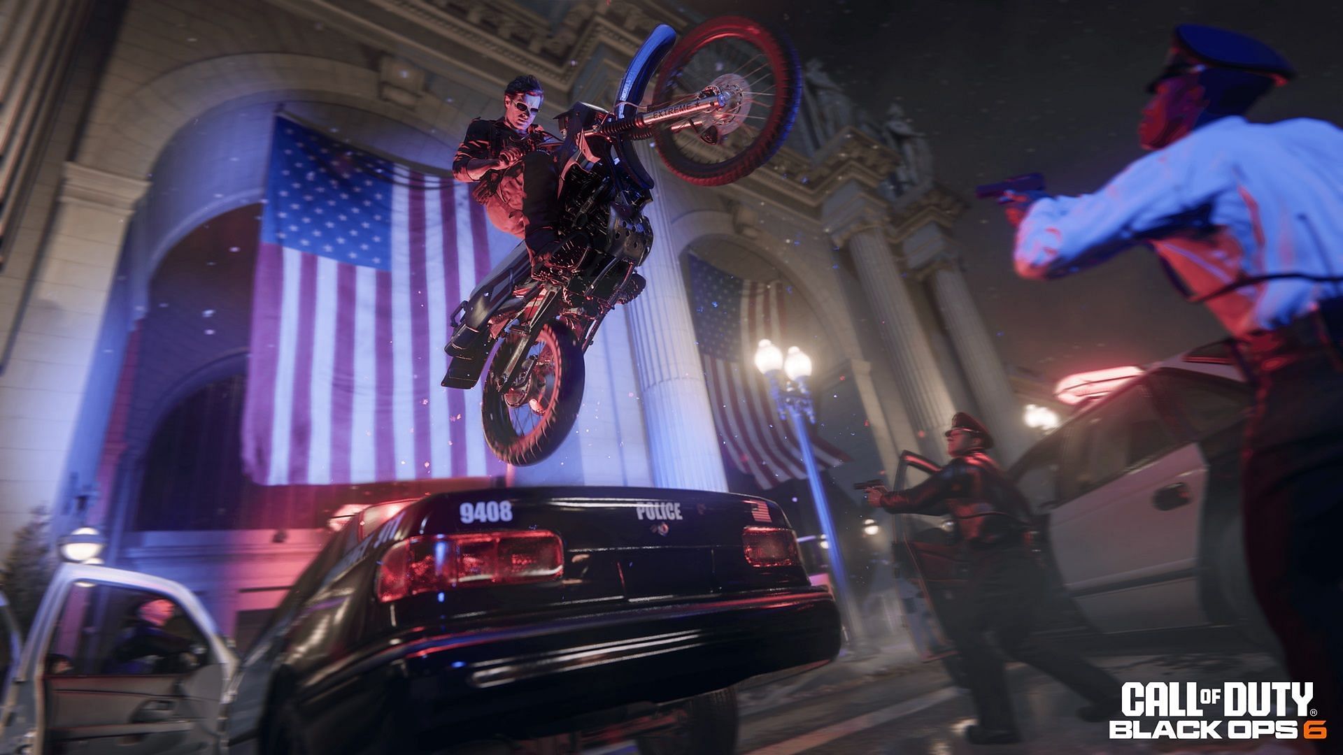 Adler in Black Ops 6 Campaign jumping over a few cars with a bike