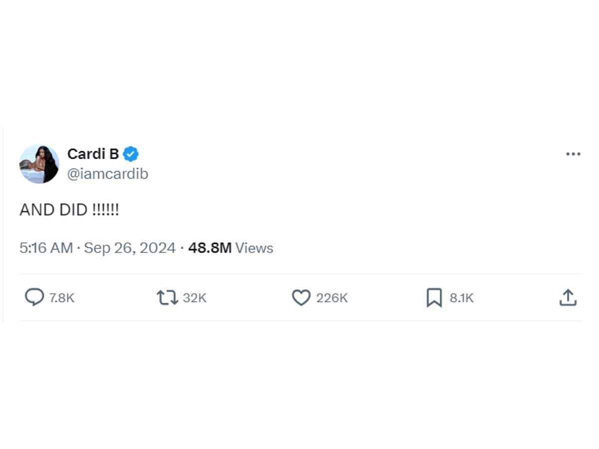 Cardi&#039;s tweet seemingly responding to Offset (Image via X/ @iamcardib)