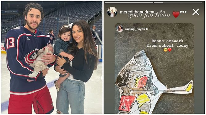 Johnny Gaudreau's widow Meredith appreciates late Jimmy Hayes' son Beau's Calgary Flame-inspired artwork of No. 13
