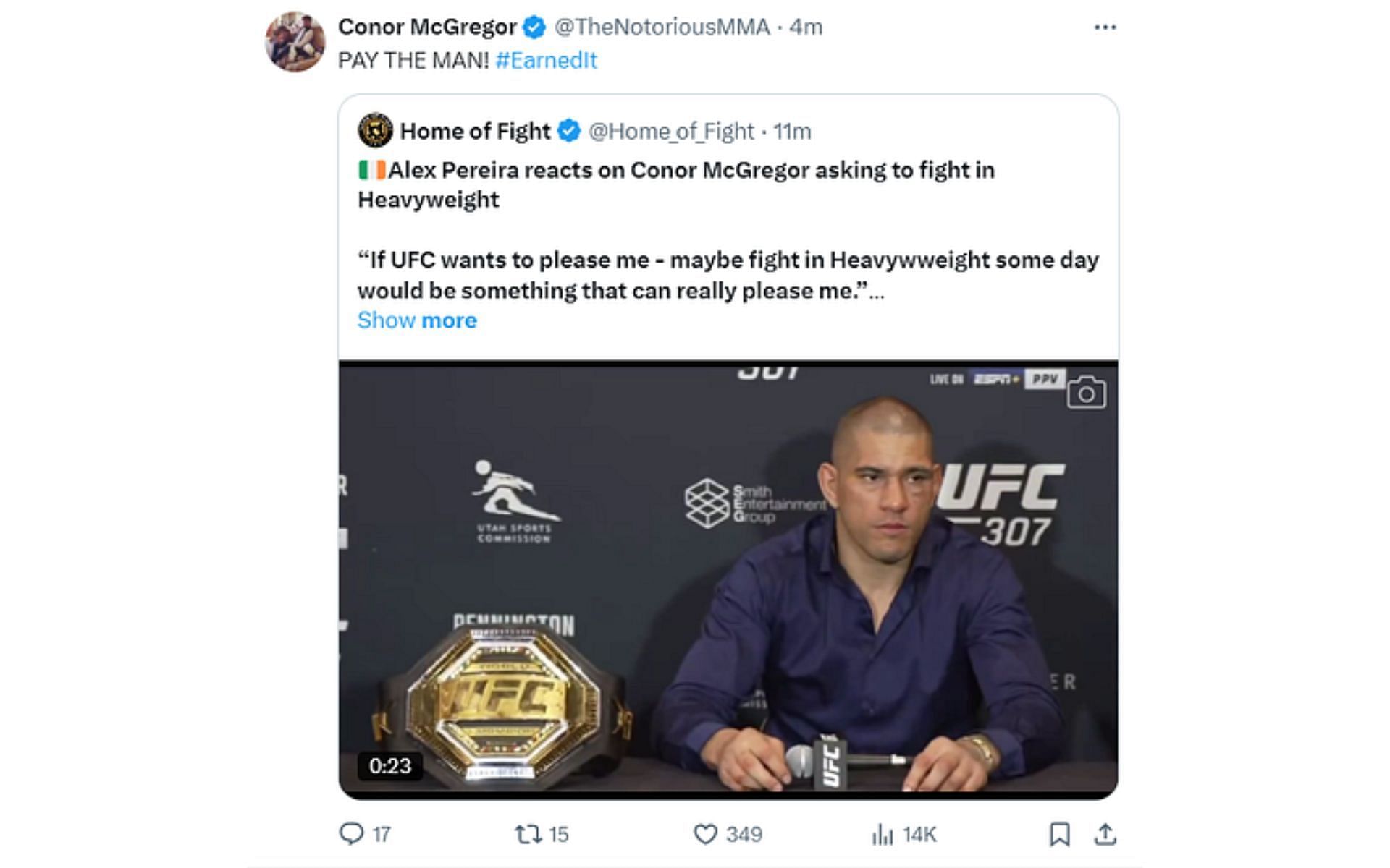 Conor McGregor reacts to Alex Pereira&#039;s intention to move up to heavyweight on X.