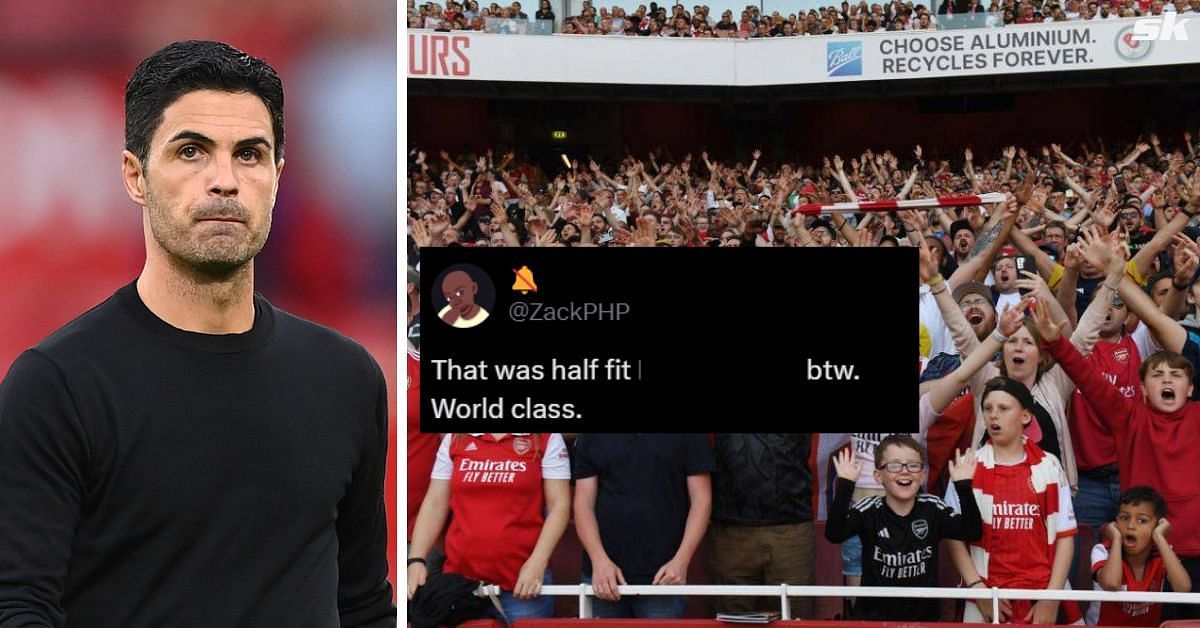 Mikel Arteta and Arsenal fans after draw against Liverpool (both images via Getty and X/@ZackPHP) 