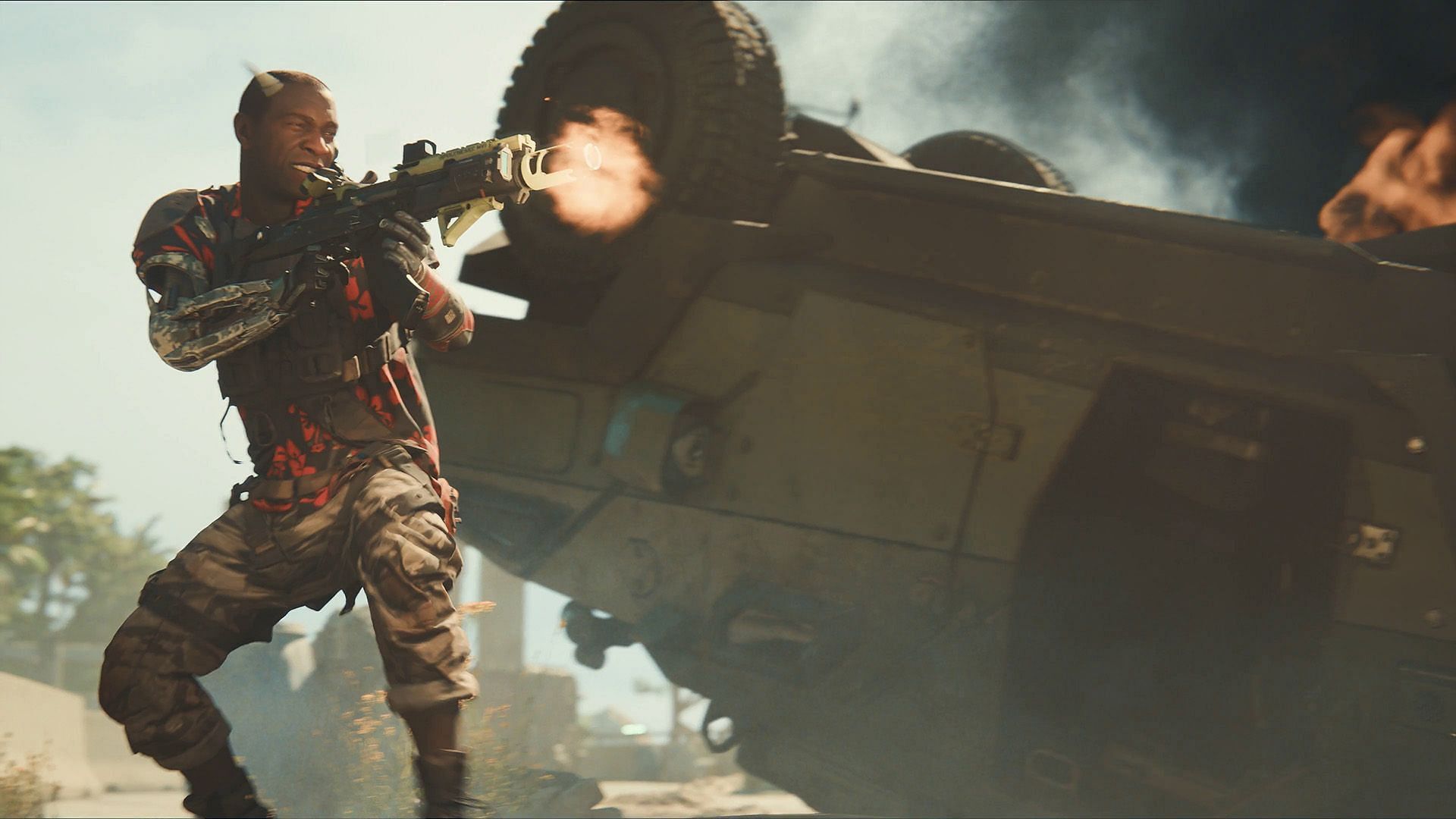 A character in Off The Grid shooting with their rifle against a toppled vehicle