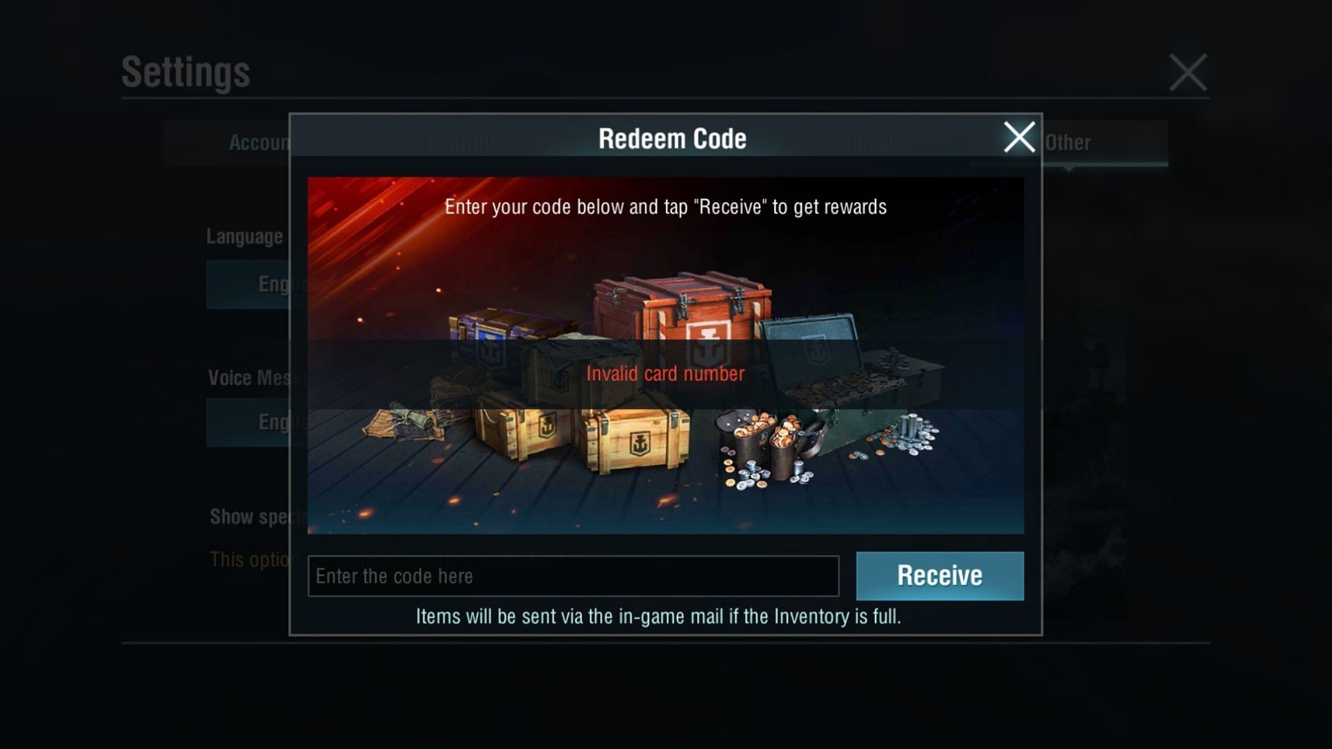 You will see an &quot;Invalid Card Number&quot; message upon typing incorrect codes in World of Warships Blitz. (Image via Wargaming)