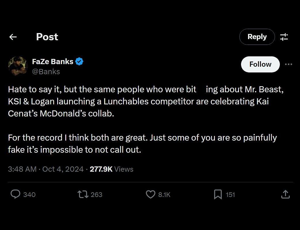 The CEO of FaZe Clan on Kai Cenat&#039;s new McDonald&#039;s collaboration (Image via @Banks/X)