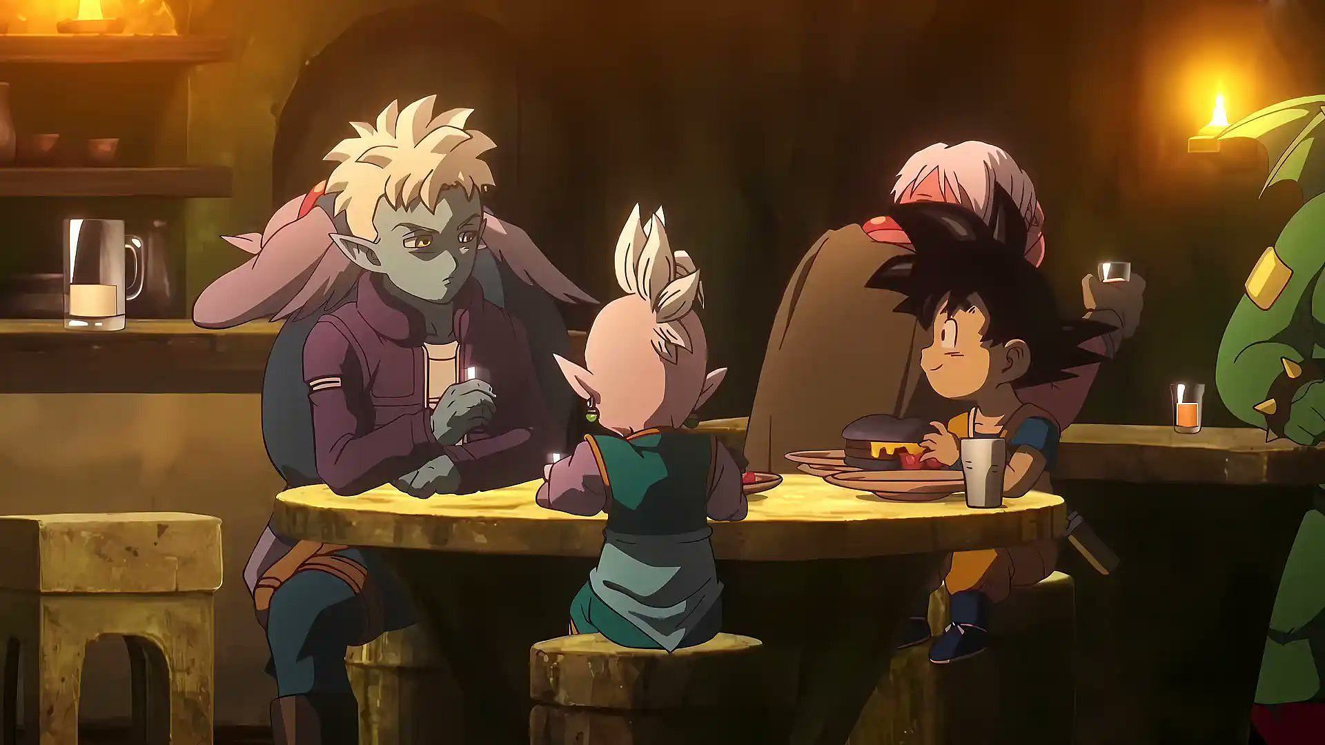 Glorio, Shin, and Goku eating at a bar in the Demon Realm (Image via Toei Animation).